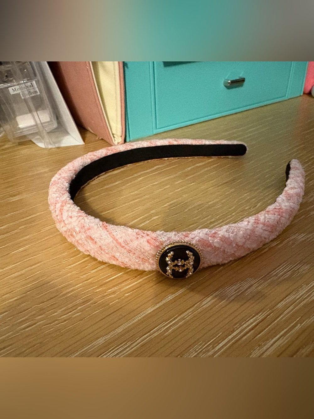 Charm Pink Tweed Headband with Gold Accent